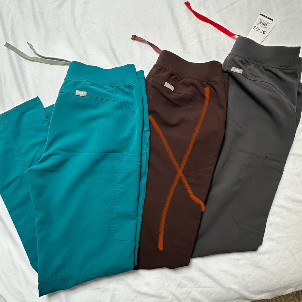 Set of Three FIGS Kade Cargo Scrub Pants in Teal, Brown, and Grey